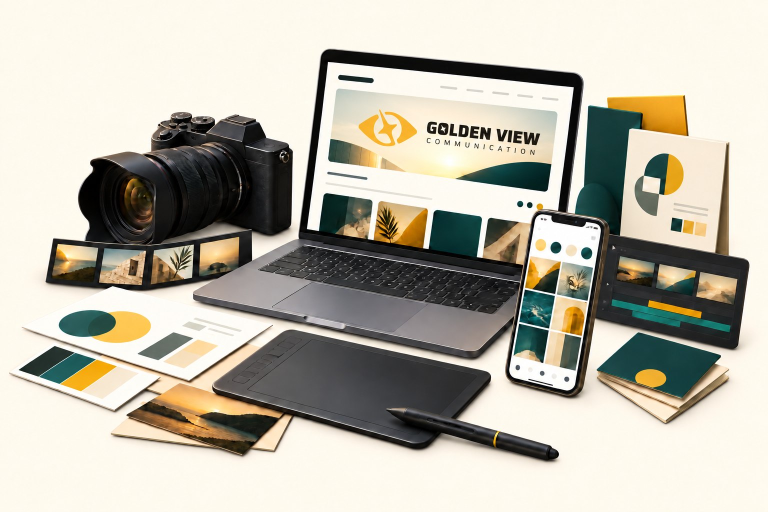 Studio créatif Golden View avec le logo de l'agence : stratégie, sites internet, identité visuelle, réseaux sociaux, photographie et vidéo