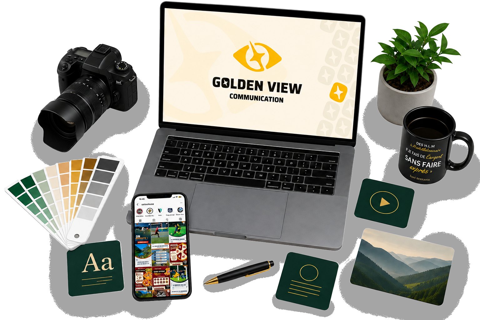 L'atelier Golden View : ordinateur, appareil photo, nuancier et comptes clients