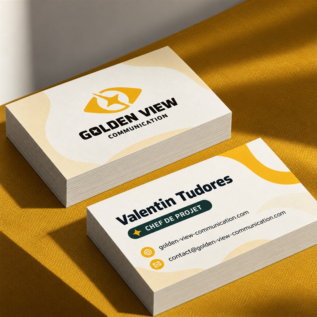 Cartes de visite Golden View Communication de Valentin Tudores, chef de projet