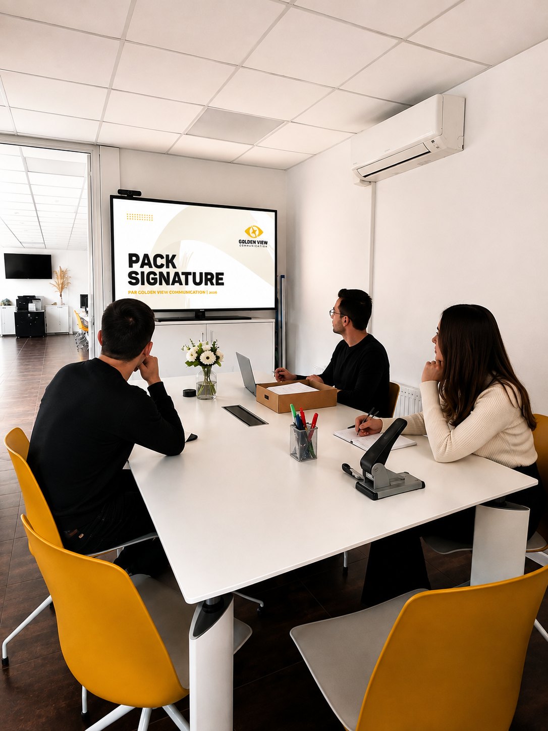 Trois membres de l’équipe Golden View réunis autour d’une présentation dans les bureaux de l’agence
